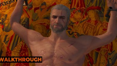 Geralt smiles as he is chained to a luxurious bed, at odds with his situation.