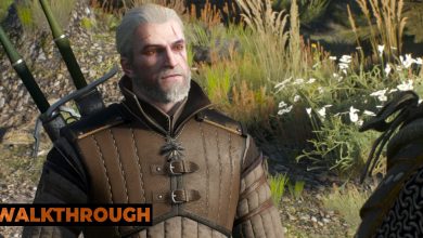 Geralt smiles at a man in Skellige as they speak by the coast with greenery in the background.