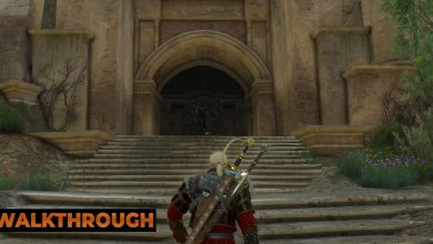 Geralt climbs up a set of stairs leading to an abandoned temple in Beauclair.