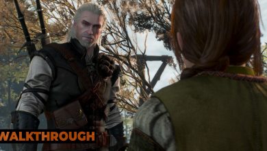 Geralt looks down at a child in a forest in Velen.