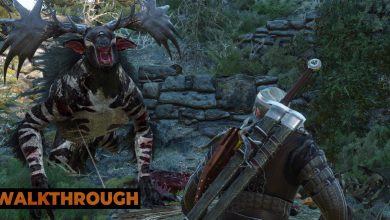 Geralt paces around a Fiend as it roars at him while they fight in a ruined fortress in Skellige.