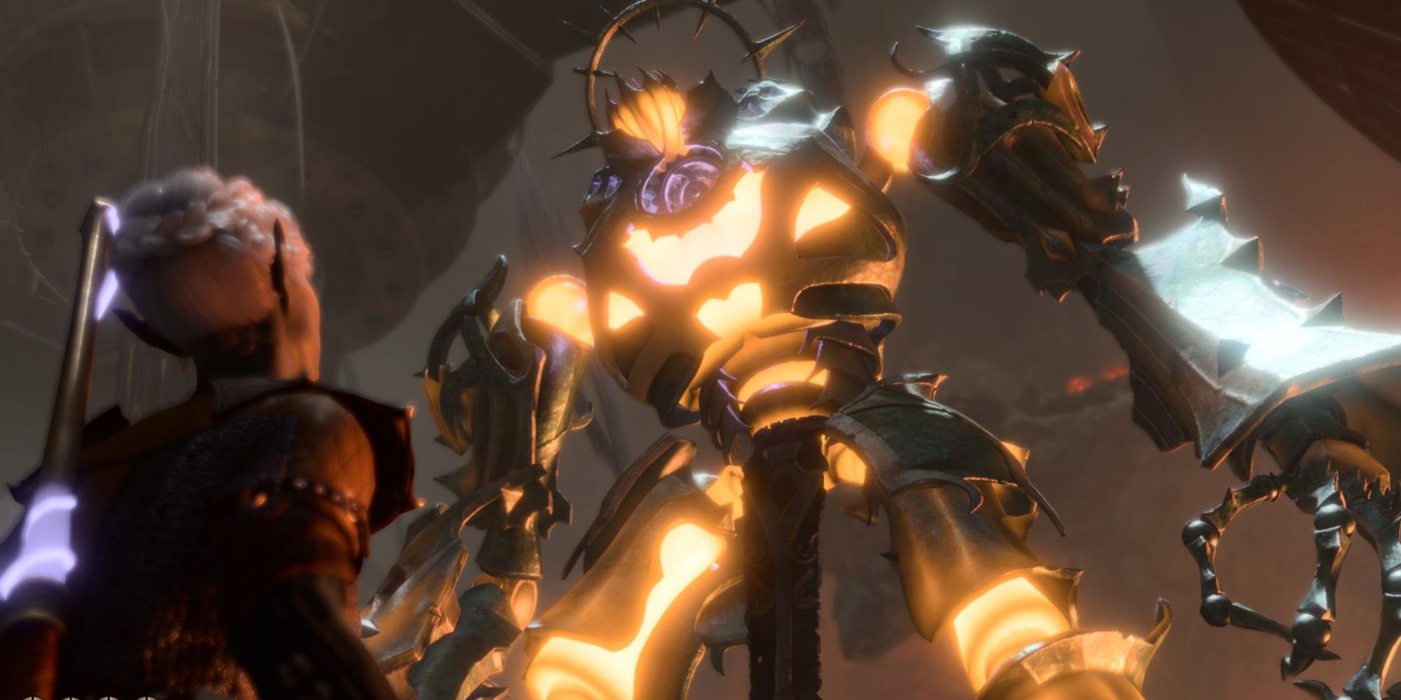 El clérigo drow mira fijamente al eterno protector de la fragua, Grym