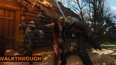 Geralt shoves a bandit away with his shoulder while another dashes towards him from a burning house.