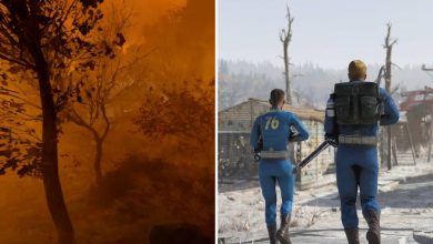 Fallout 76 Resin Feature Image featuring burning trees on the left, two vault survivors on the right