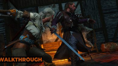 Ciri sends a man reeling as she lands a horizontal slice across his chest in a dark room, sending blood flying.