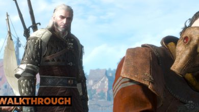 Geralt talks to a masked doctor by the docks of Novigrad on a sunny day.