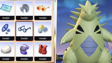 Image of nine different Held Items from Pokemon Unite split with an image of Tyranitar