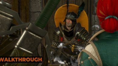 Geralt and Triss stare at a Nilfgaardian soldier in Nilfgaard.