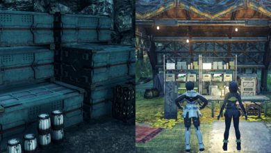 A collage of the party finding the abandoned supplies and Eow and Peridot in front of the Accessory Stall in Xenoblade Chronicles 3: Future Redeemed.