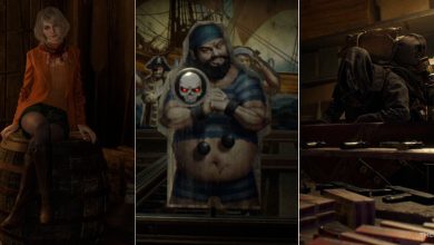 Ashley Graham, the Merchant, and a pirate target with a skull token in the shooting gallery in resident evil 4 remake