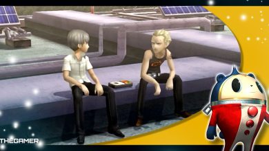 Persona 4 Golden - Yu and Kanji sharing a boxed lunch with a Teddie overlay in the corner.
