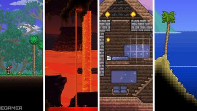 split image with world spawn, underworld, bed, and beach