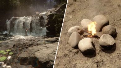 Sons of the Forest Victoria under a waterfall on the left and Reinforced Fire on the right