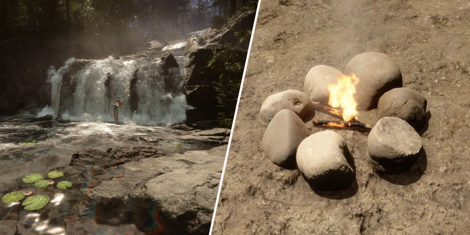 Hijos del Bosque Victoria bajo una cascada a la izquierda y Fuego Reforzado a la derecha