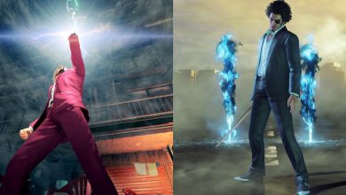 A screenshot of Ichiban being hit by a lightning on the left and he wearing DLC outfit with blue flames on the background on the rigt.