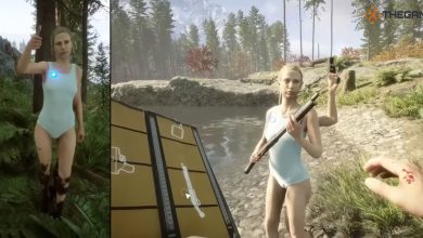 A collage of two photos featuring Virginia with a thumbs up on the left and she carrying two weapons at the same time on the right.