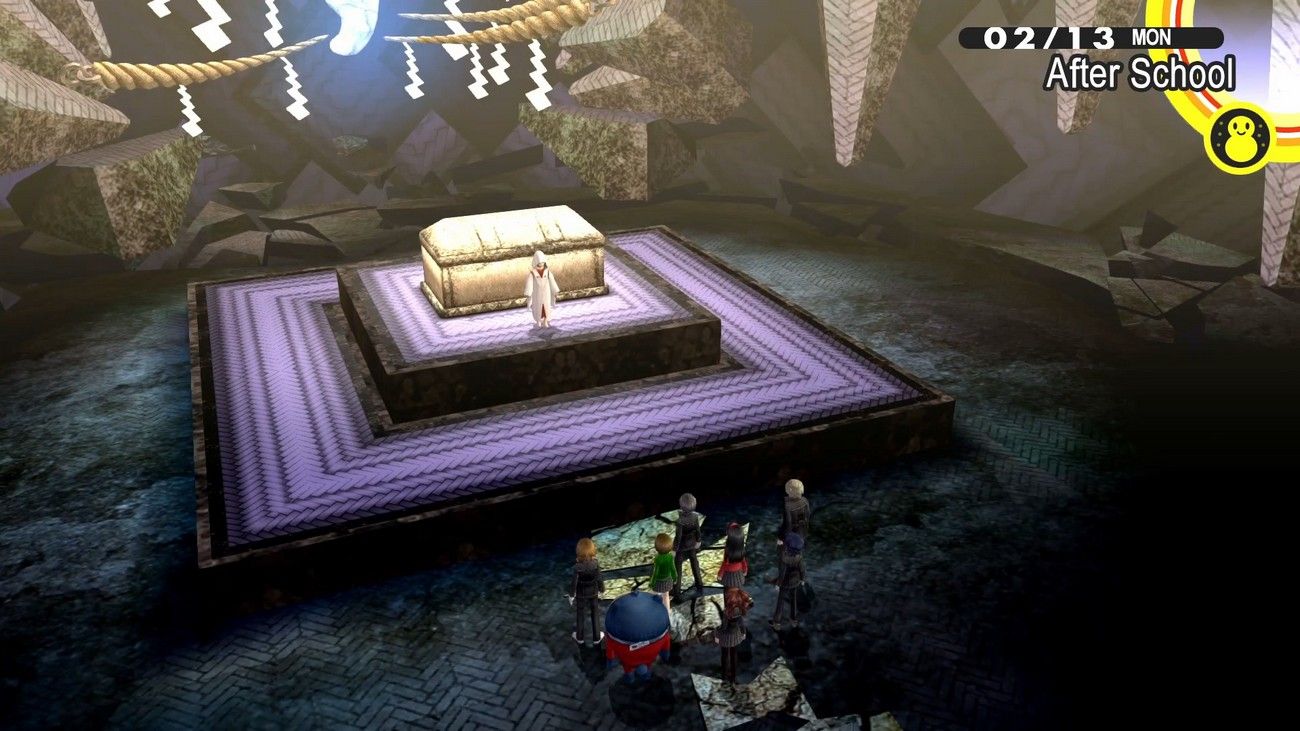 el equipo de investigación de p4g se acerca a marie antes de la pelea del jefe kusumi-no-okami en persona 4 golden