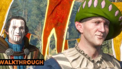 Two elven men smile on a sunny day at a carnival outside Novigrad.