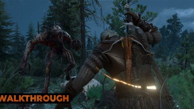 Geralt reaches for his silver sword as he braces for an attack from a werewolf as they meet in a twilight forest.