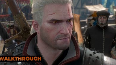 Geralt shoots an annoyed look over his shoulder as a bespectacled man calls him out in a market.