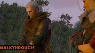 Geralt and Ciri pay their respects by a fire, with their faces lit in the glow.