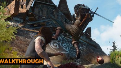 A low angle shot of Geralt leaping into the air to slice at his enemy with a decapitated head rolling behind him.