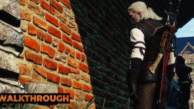 Geralt looks at a dislodged brick on a Novigrad wall.