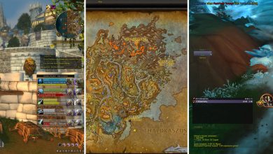A 3 in 1 collage displaying the example screen of Gladius, a world map with node markers from Gathermate, and tracked DPS from a Warlock using Damage Meter