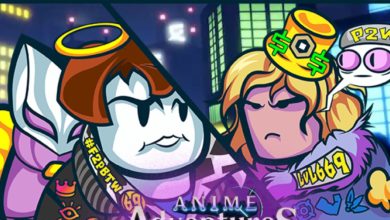 The featuring image for Anime Adventures, including two drawn Roblox characters