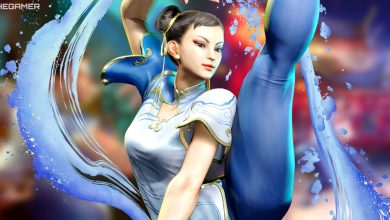 Chun-li, from Street Fighter 6, stands in front of blurred photos from a battle at Tian Hong Yuan.