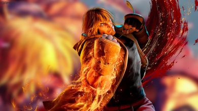 Ken sends a fired up punch in front of a blurred screenshot from Street Fighter 6.