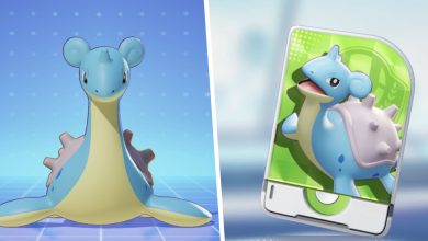 Image of Lapras from Pokemon Unite split with an image of the Lapras Unite License