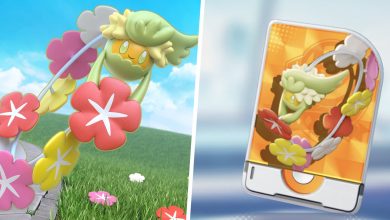 Image of Comfey from Pokemon split with an image of the Comfey Unite License