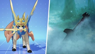Image of Zacian from Pokemon split with an image of the Rusted Sword surrounded by mist