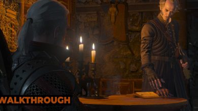 Geralt and Regis talk in the candlelight while Regis picks a hand up from the table.