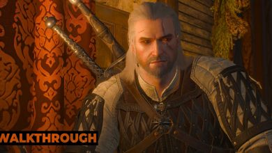Geralt averts his gaze as he sits in a finely decorated room sporting rugs hanging off the walls and candlelight washing the room.