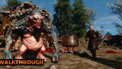 Geralt walks to a cave troll on a sunny day at a beach, with a large pot of human remains in the background.