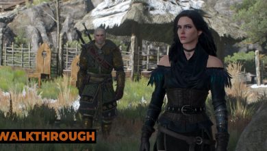 Yennerfer steps forward to speak as Geralt backs her up in a half-frozen Skelliger village.