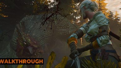Ciri manages to land a hit on a basilisk, as it prowls around her on an evening in a forest.