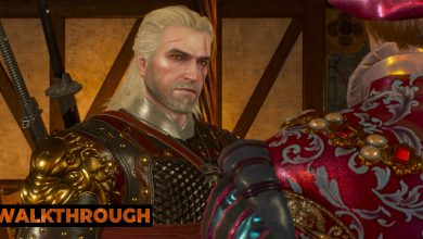 Geralt gives Dandelion a wary look inside a medieval building in The Witcher 3