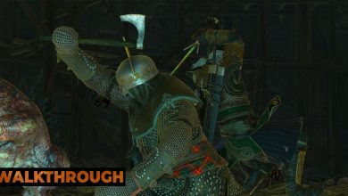 Geralt stands back to back with a Skelliger warrior as they fight necrophages in a dark cave.