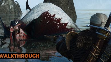 Geralt levels his crossbow at a monster as they fight in the ocean.