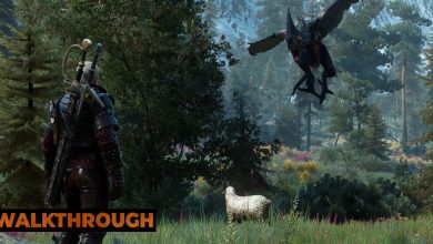 Geralt stands in Skellige's woods as a forktail swoops down and attacks a sheep.