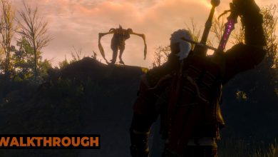 Geralt draws his silver sword as he prepares to fight a monster in the evening.