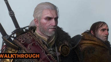 Geralt and a peasant stare at a monster off-screen as they walk through a misty island.