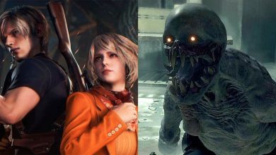 Split image showing Leon and Ashley on the left and a Regenerator on the right.