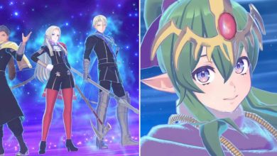 Split image of Claude, Edelgard, Dimitri, and Tiki Emblems in Fire Emblem Engage