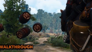Geralt rides a horse through falling barrels in The Witcher 3.