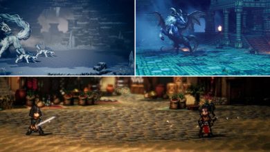 A collage of images, with the top left showcasing the arena of the Dreadwolf boss encounter from the first Octopath Traveler and the top right showcasing the Devourer of Dreams arena, which is also from the first Octopath Traveler title. The bottom image is a dual between Hikari and a soldier in Octopath Traveler 2.