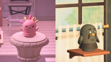 Split image of the Squeakoid and Brewstoid gyroids in Animal Crossing New Horizons